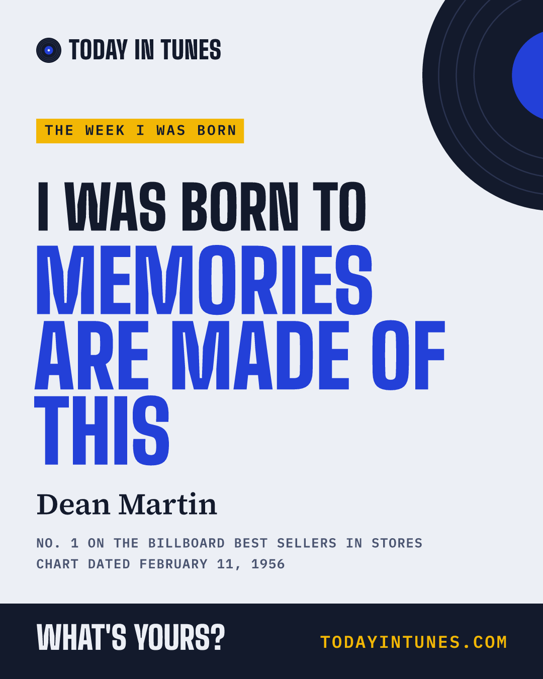 I was born to Memories Are Made of This, by Dean Martin