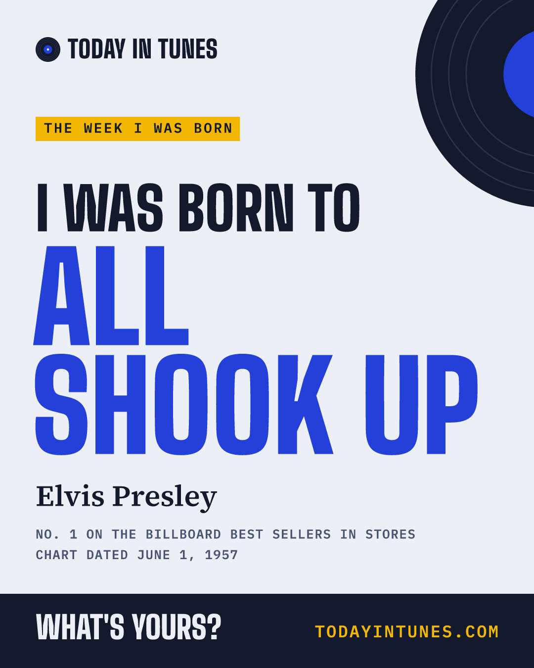 I was born to All Shook Up, by Elvis Presley