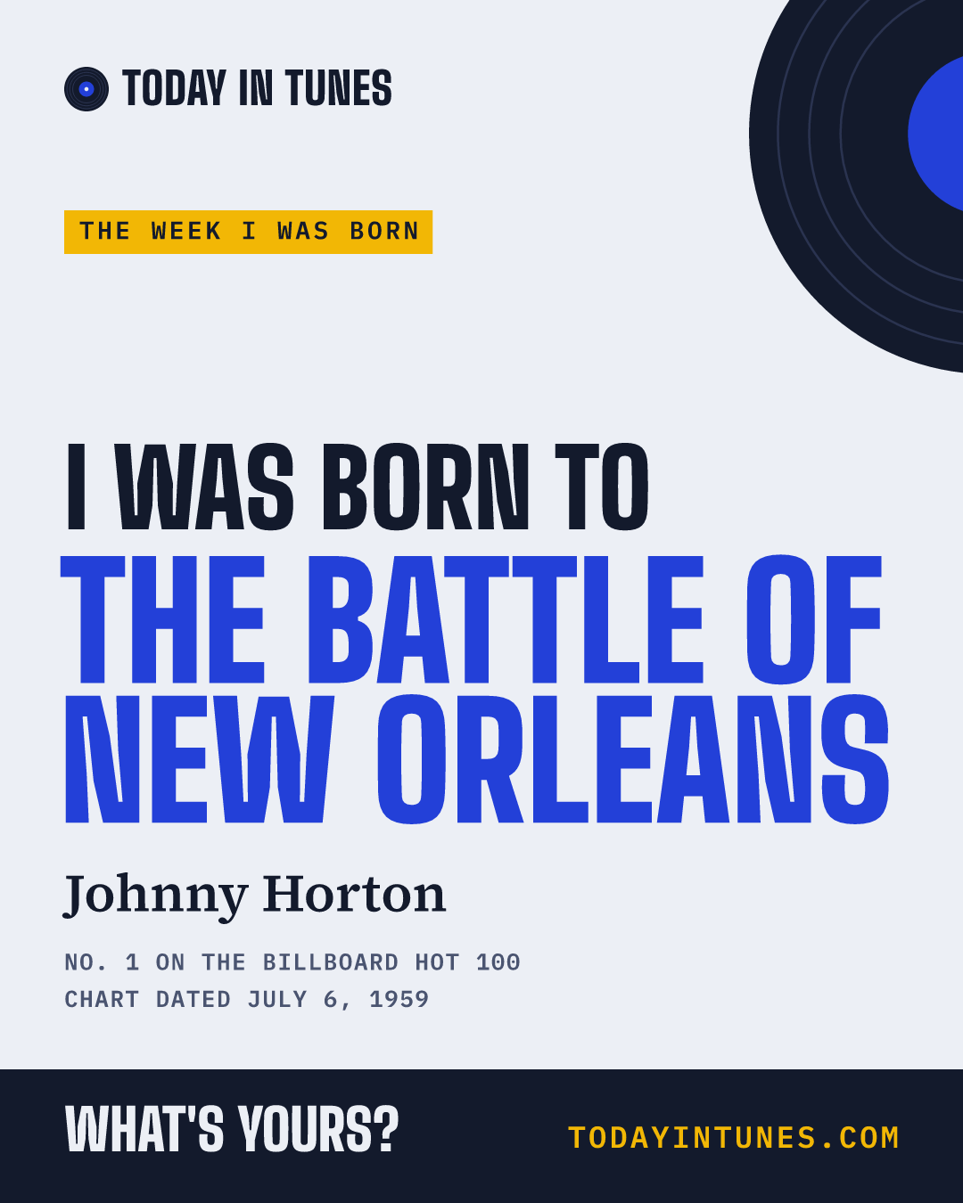 I was born to The Battle of New Orleans, by Johnny Horton
