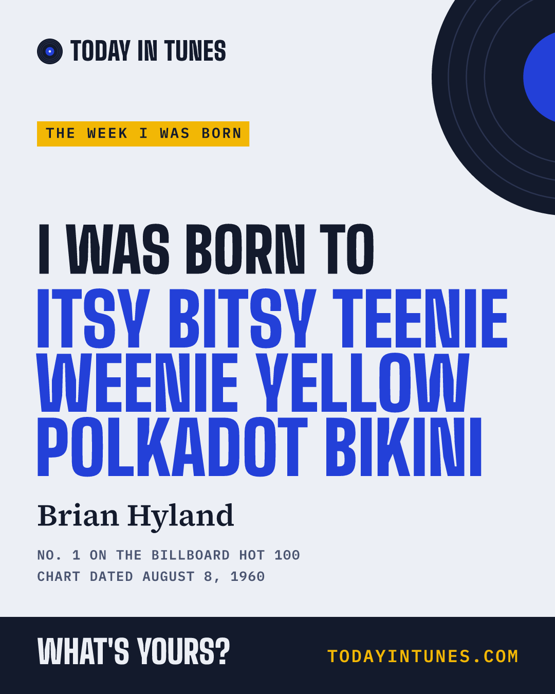 I was born to Itsy Bitsy Teenie Weenie Yellow Polkadot Bikini, by Brian Hyland