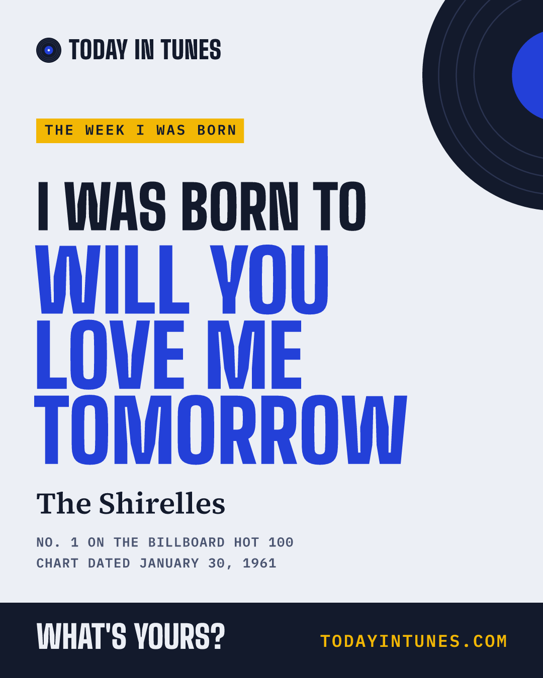 I was born to Will You Love Me Tomorrow, by The Shirelles