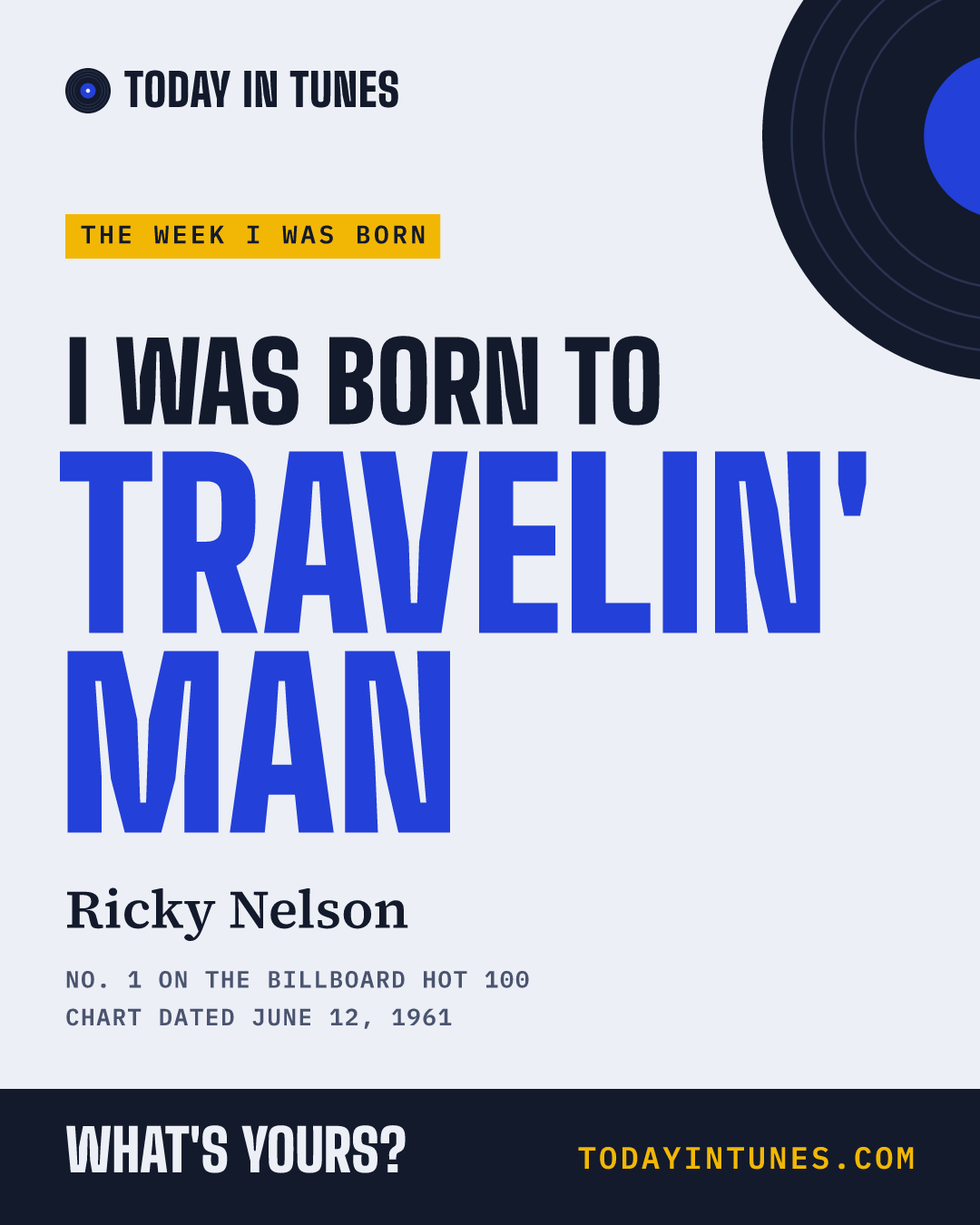 I was born to Travelin' Man, by Ricky Nelson