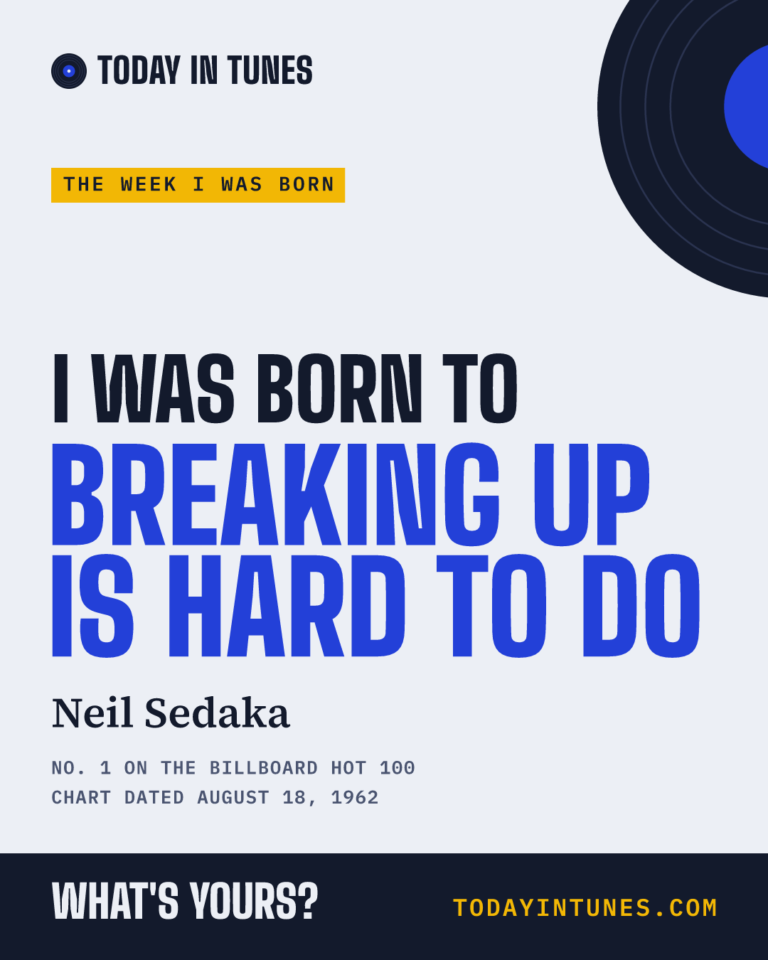 I was born to Breaking Up Is Hard to Do, by Neil Sedaka