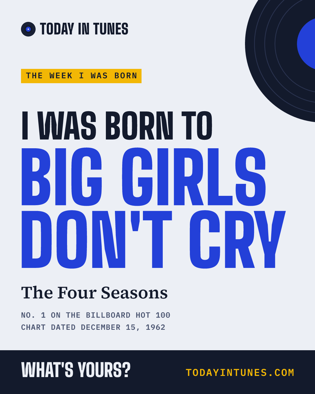 I was born to Big Girls Don't Cry, by The Four Seasons