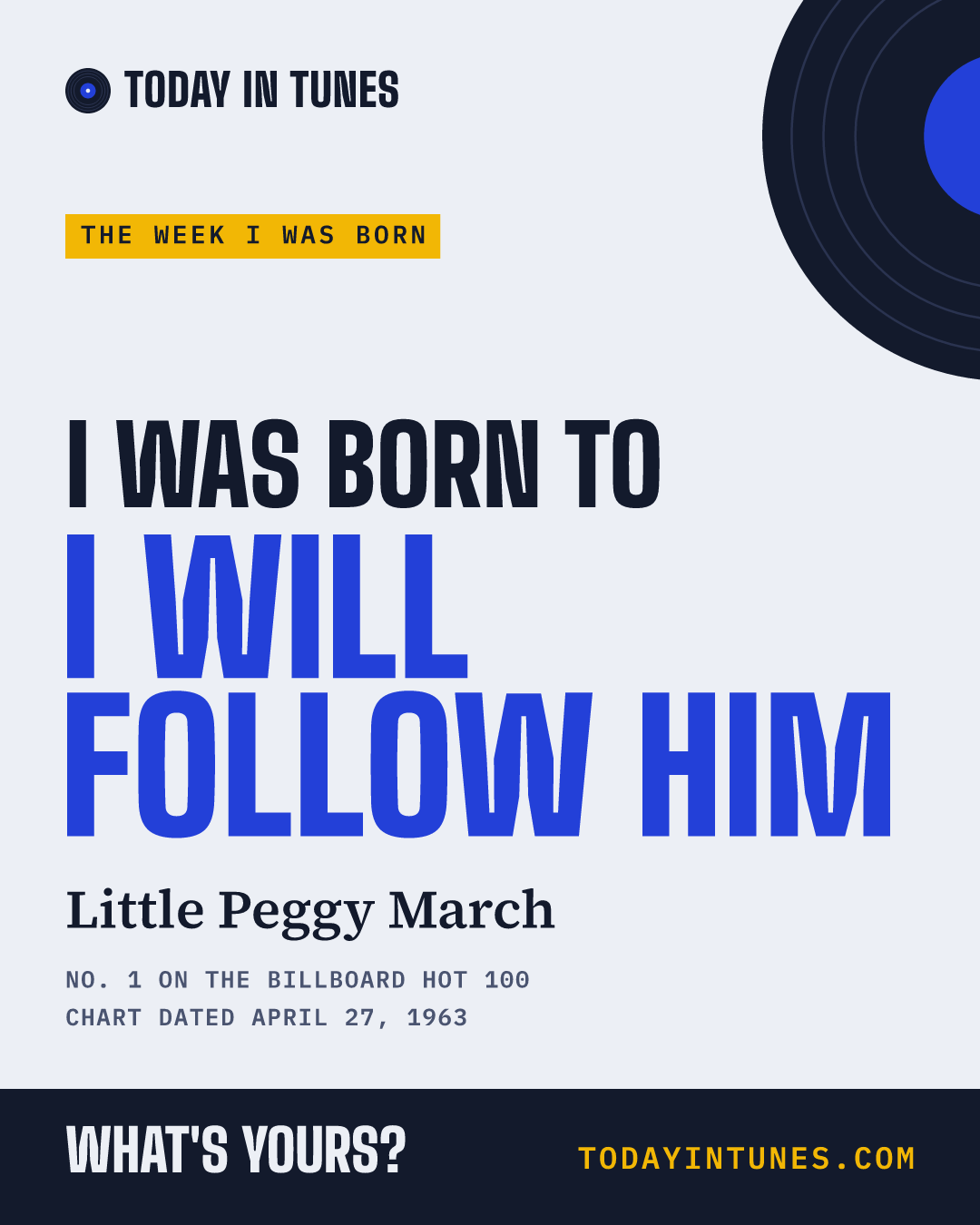 I was born to I Will Follow Him, by Little Peggy March