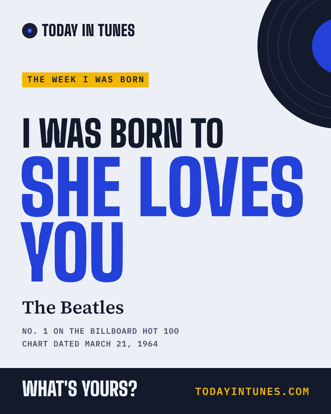 I was born to She Loves You, by The Beatles