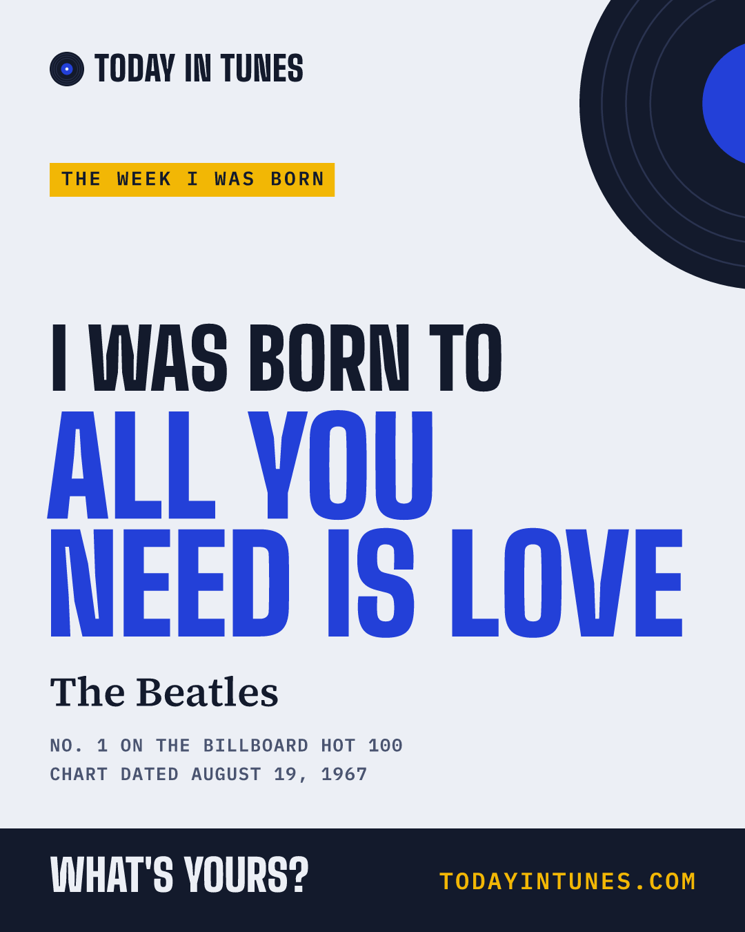 I was born to All You Need Is Love, by The Beatles