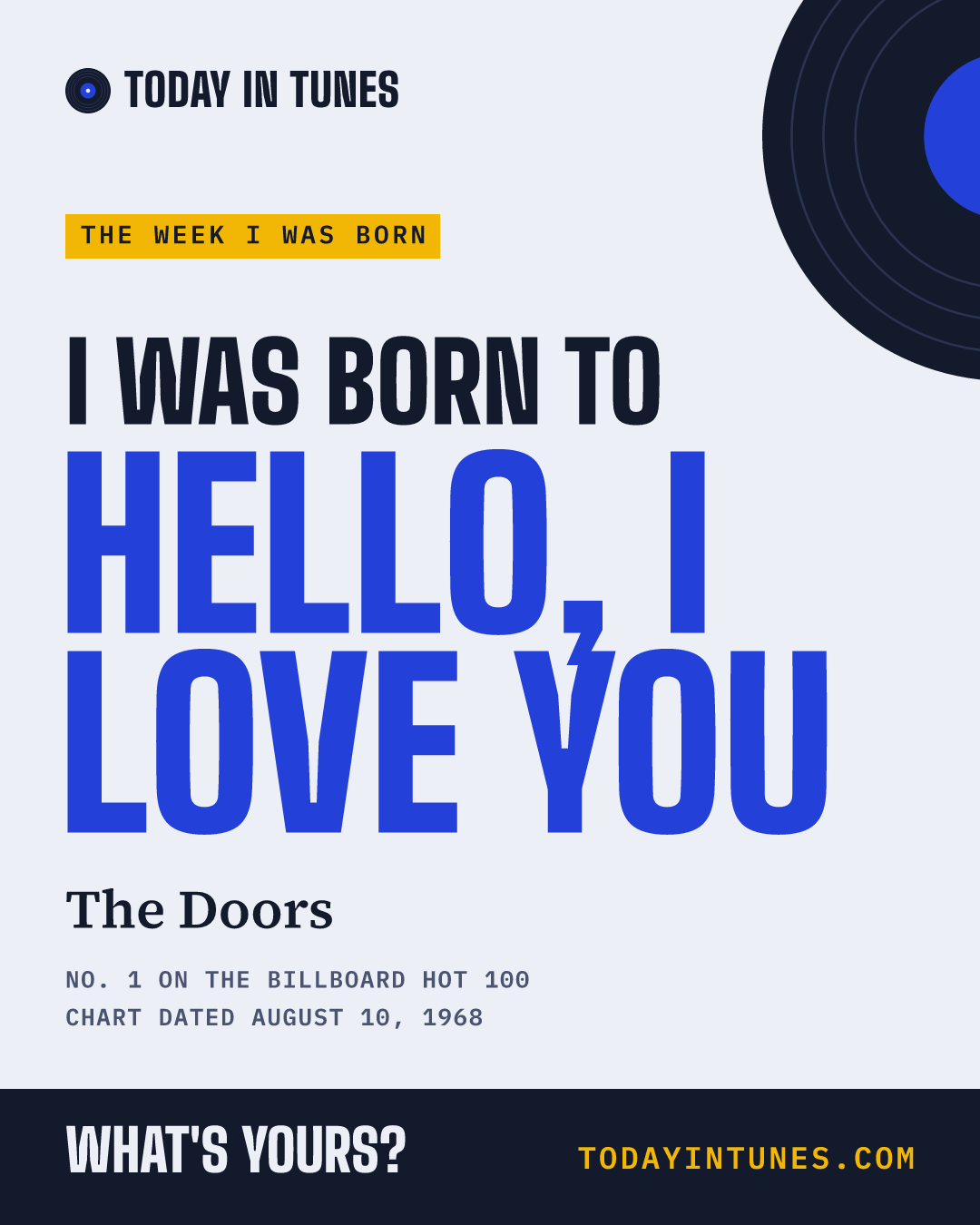 I was born to Hello, I Love You, by The Doors
