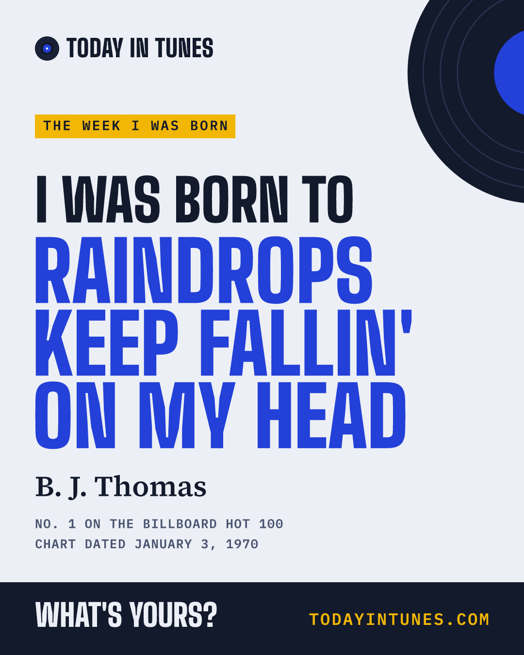 I was born to Raindrops Keep Fallin' on My Head, by B. J. Thomas