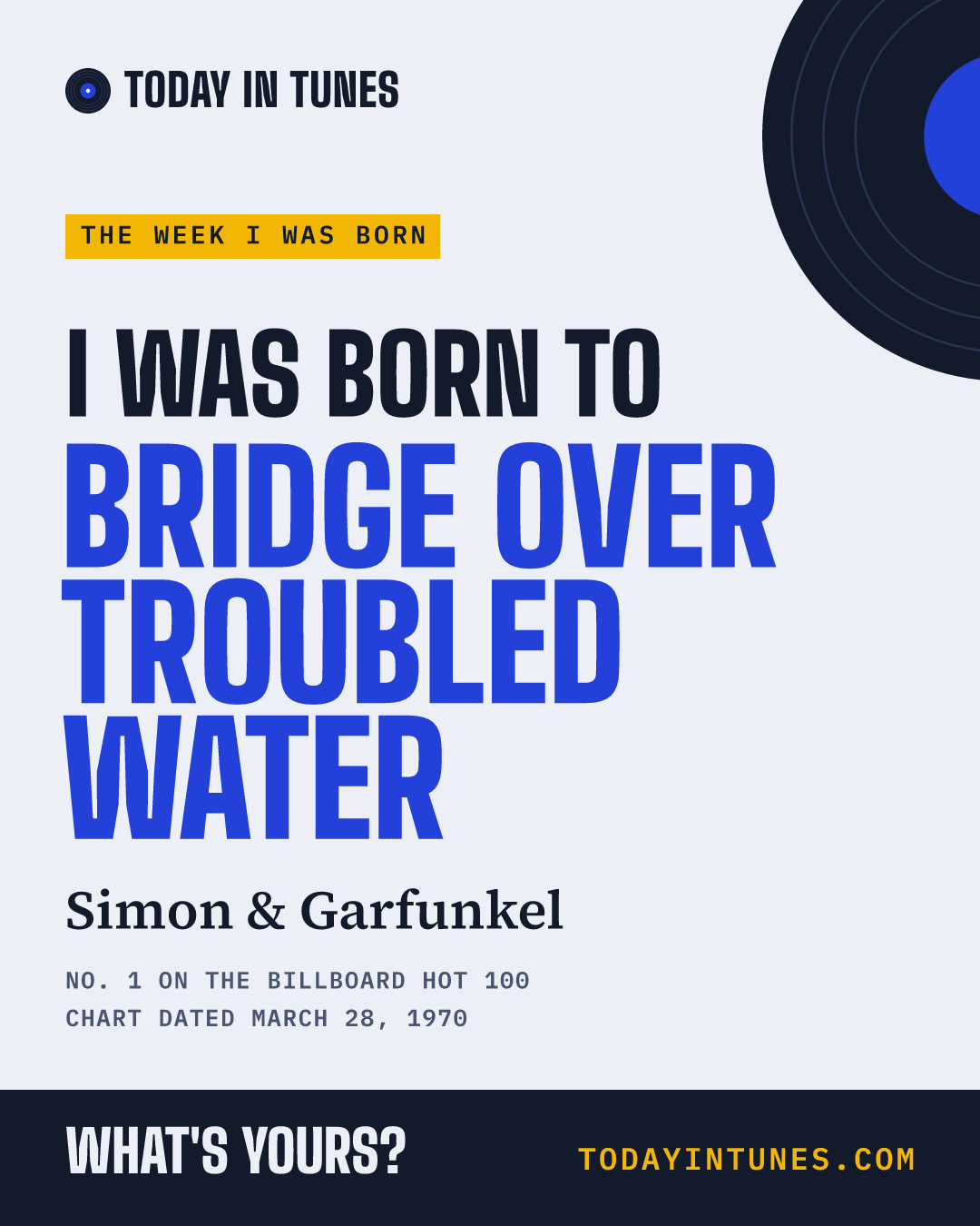 I was born to Bridge over Troubled Water, by Simon & Garfunkel