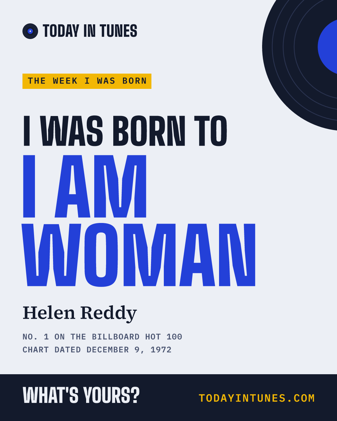 I was born to I Am Woman, by Helen Reddy