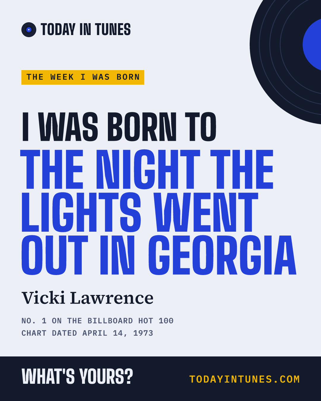 I was born to The Night the Lights Went Out in Georgia, by Vicki Lawrence