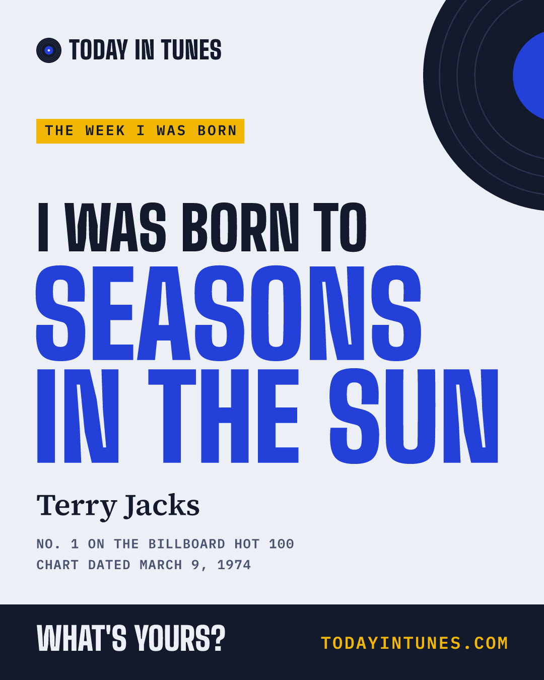 I was born to Seasons in the Sun, by Terry Jacks