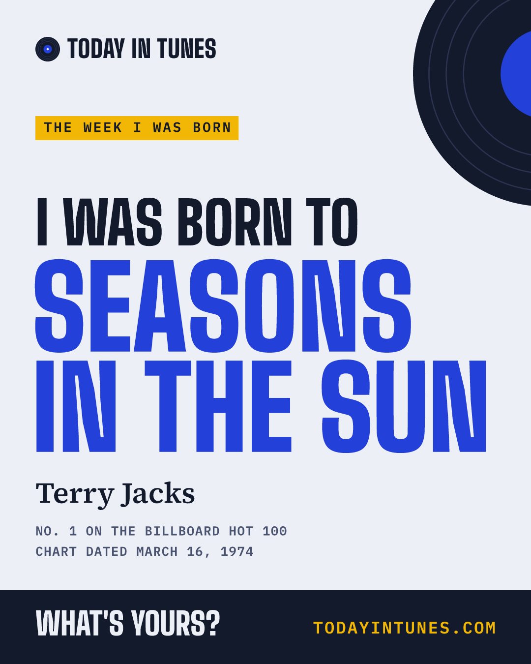 I was born to Seasons in the Sun, by Terry Jacks