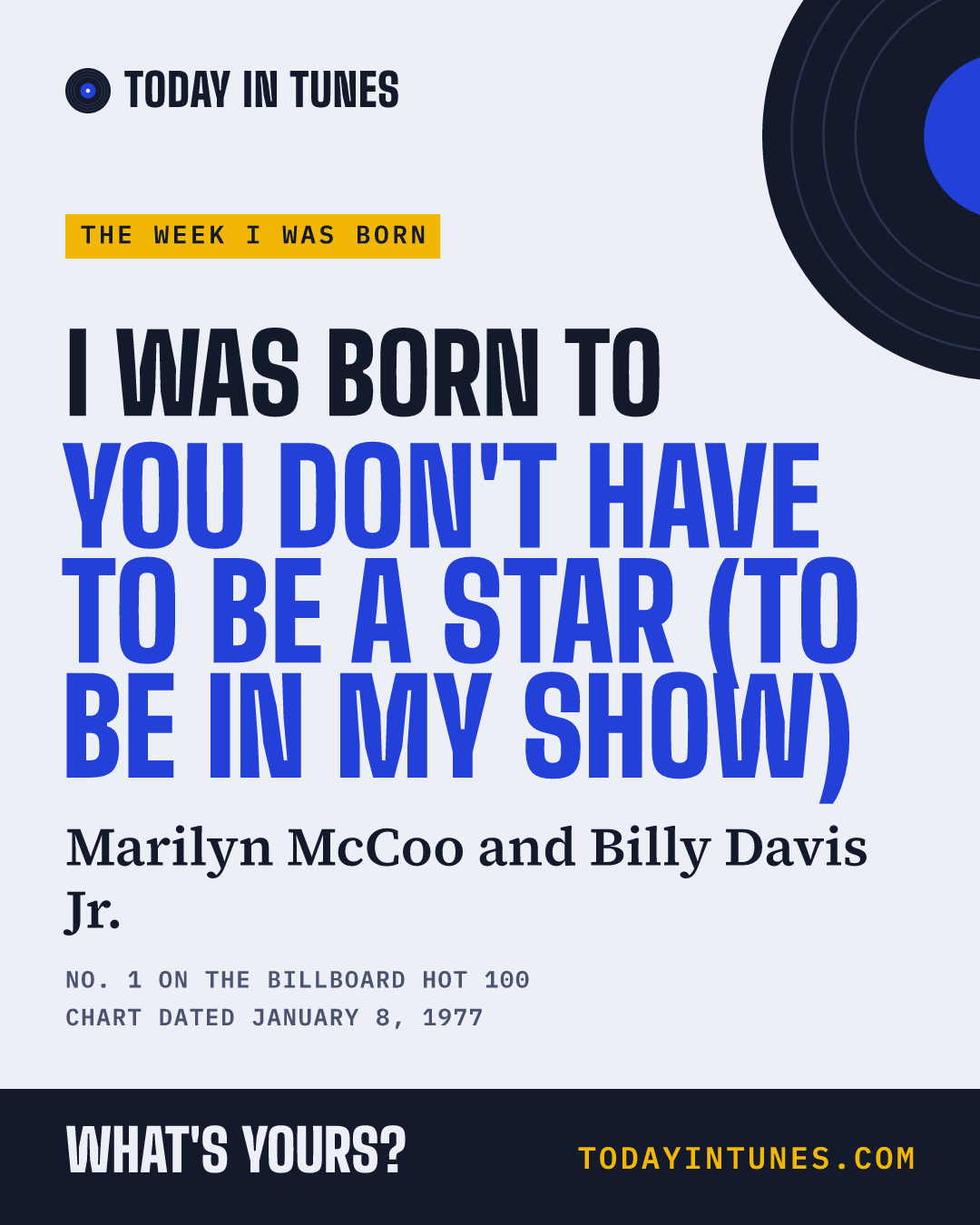 I was born to You Don't Have to Be a Star (To Be in My Show), by Marilyn McCoo and Billy Davis Jr.