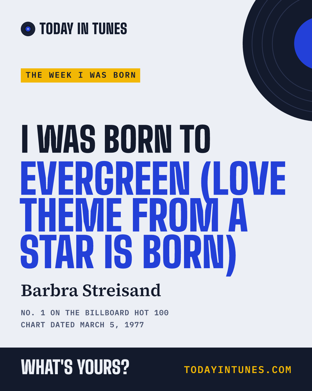 I was born to Evergreen (Love Theme from A Star Is Born), by Barbra Streisand