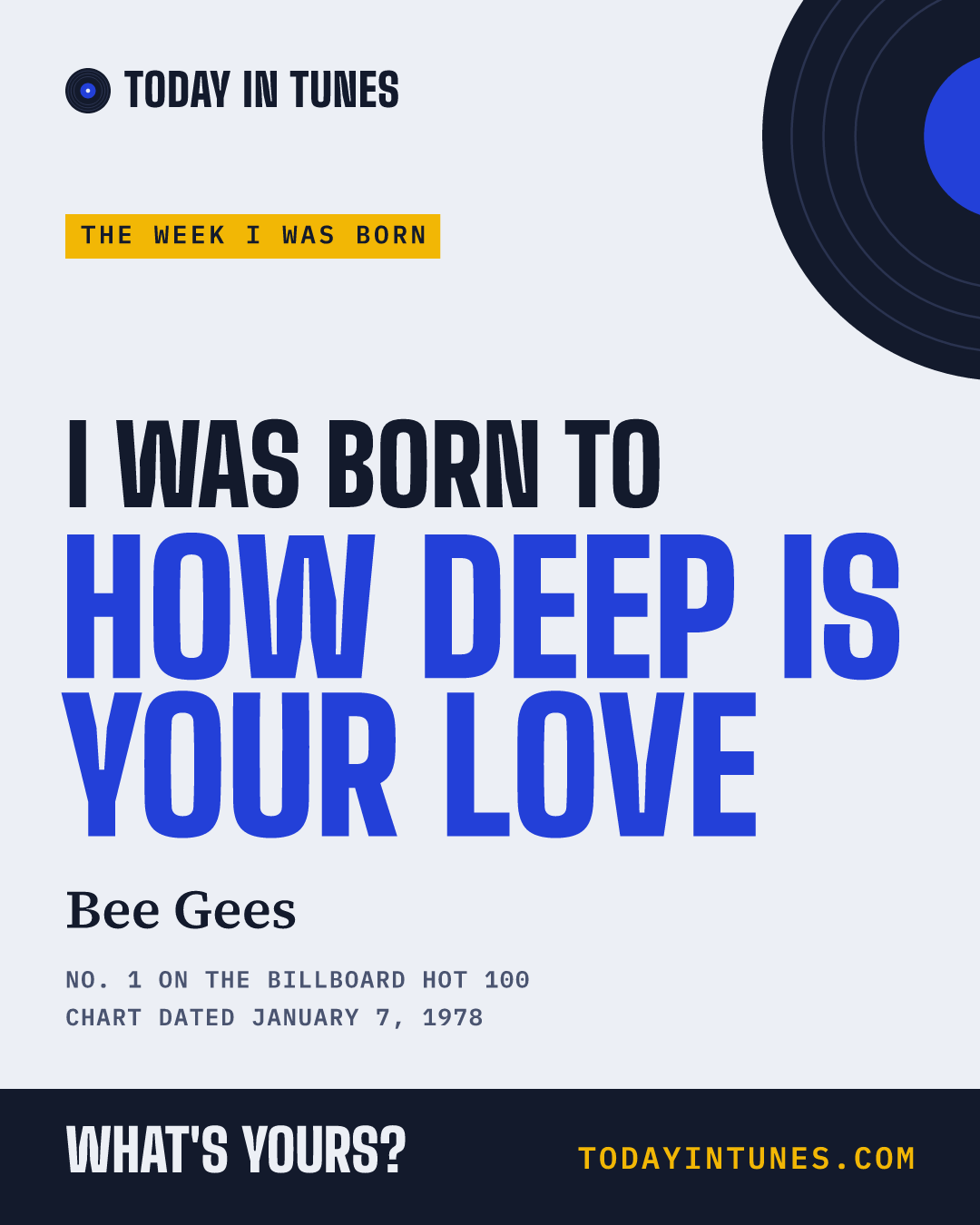 I was born to How Deep Is Your Love, by Bee Gees