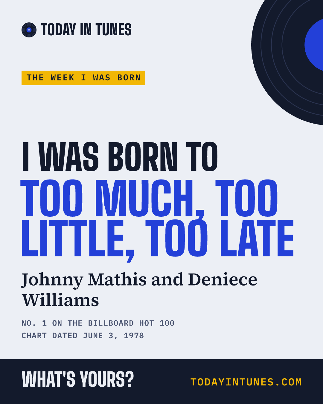 I was born to Too Much, Too Little, Too Late, by Johnny Mathis and Deniece Williams