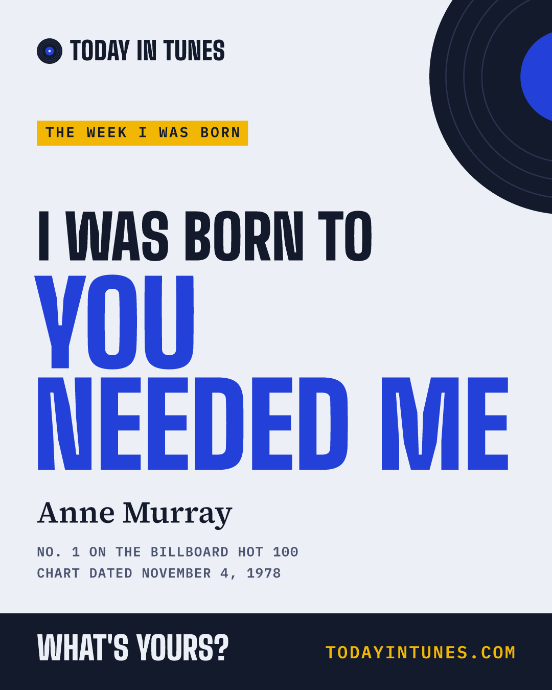 I was born to You Needed Me, by Anne Murray