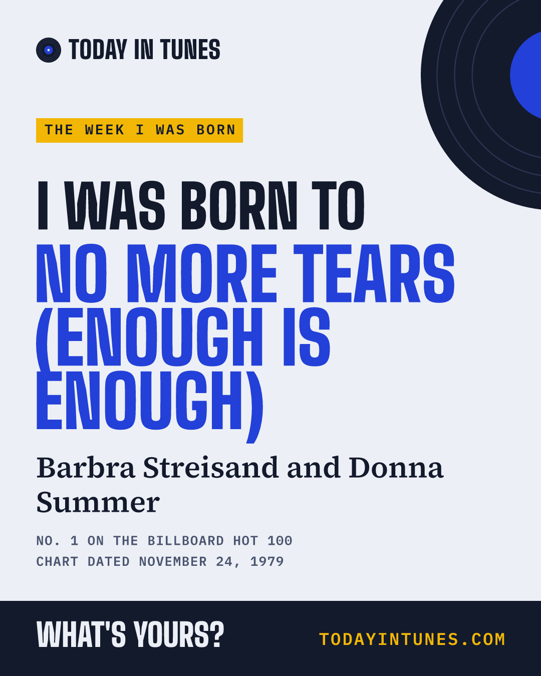 I was born to No More Tears (Enough Is Enough), by Barbra Streisand and Donna Summer
