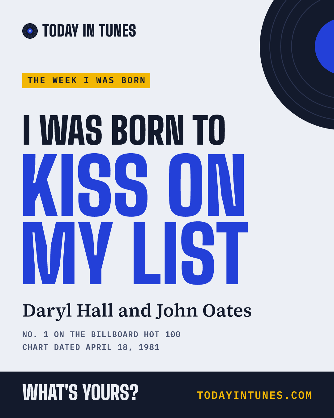 I was born to Kiss on My List, by Daryl Hall and John Oates