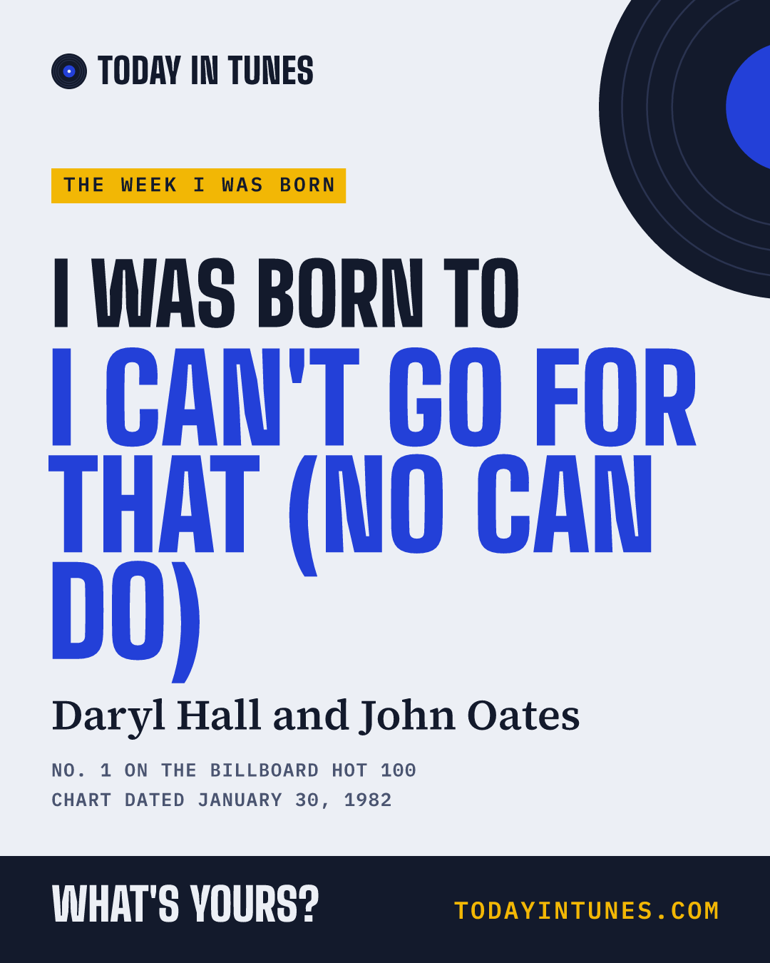 I was born to I Can't Go for That (No Can Do), by Daryl Hall and John Oates