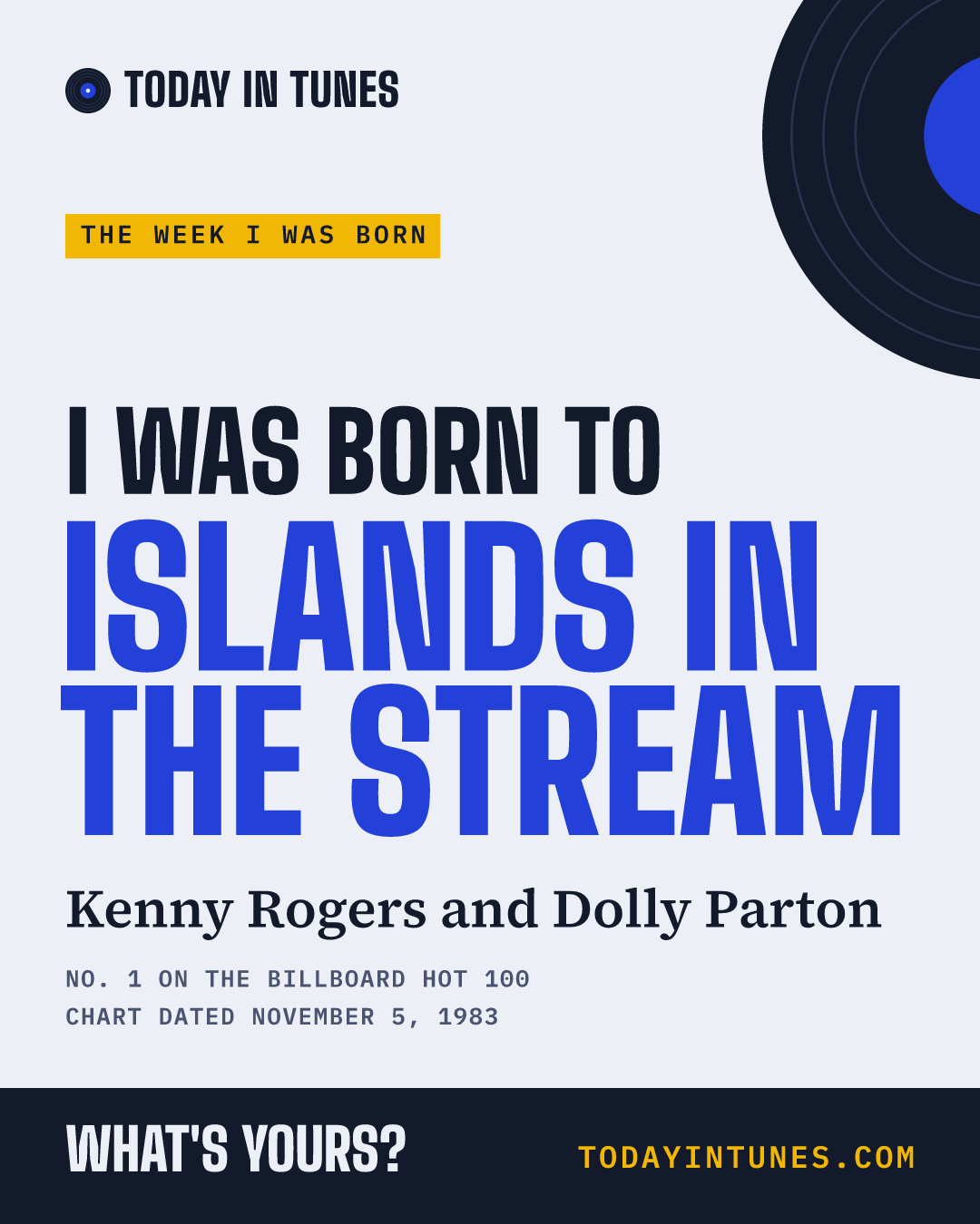 I was born to Islands in the Stream, by Kenny Rogers and Dolly Parton