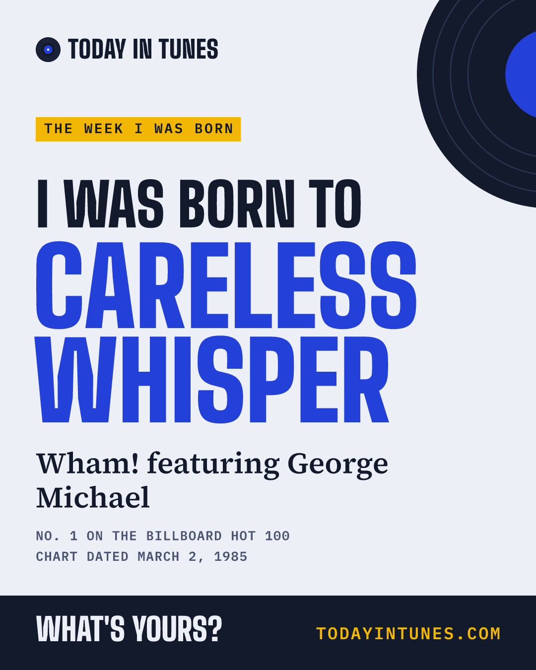 I was born to Careless Whisper, by Wham! featuring George Michael