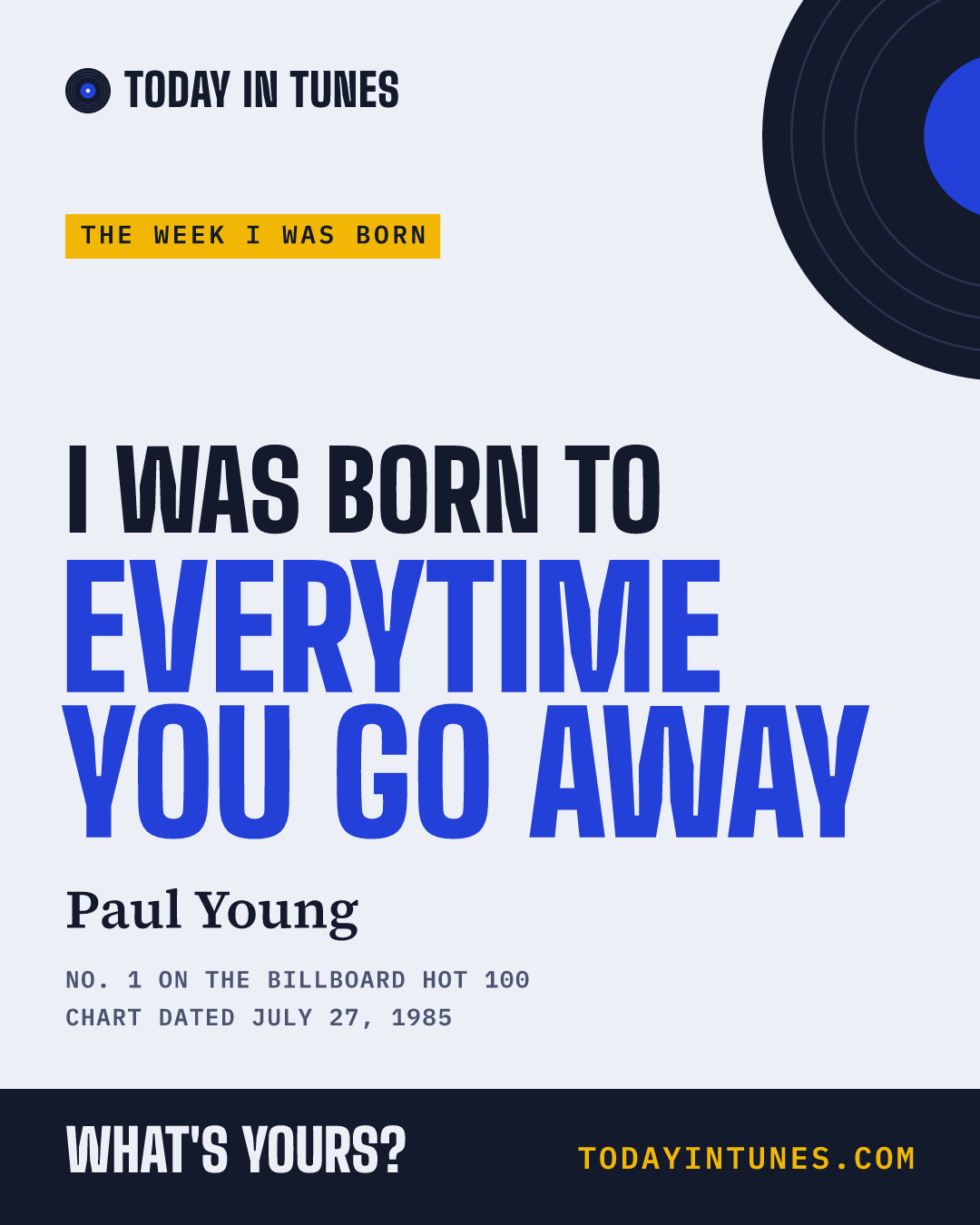 I was born to Everytime You Go Away, by Paul Young