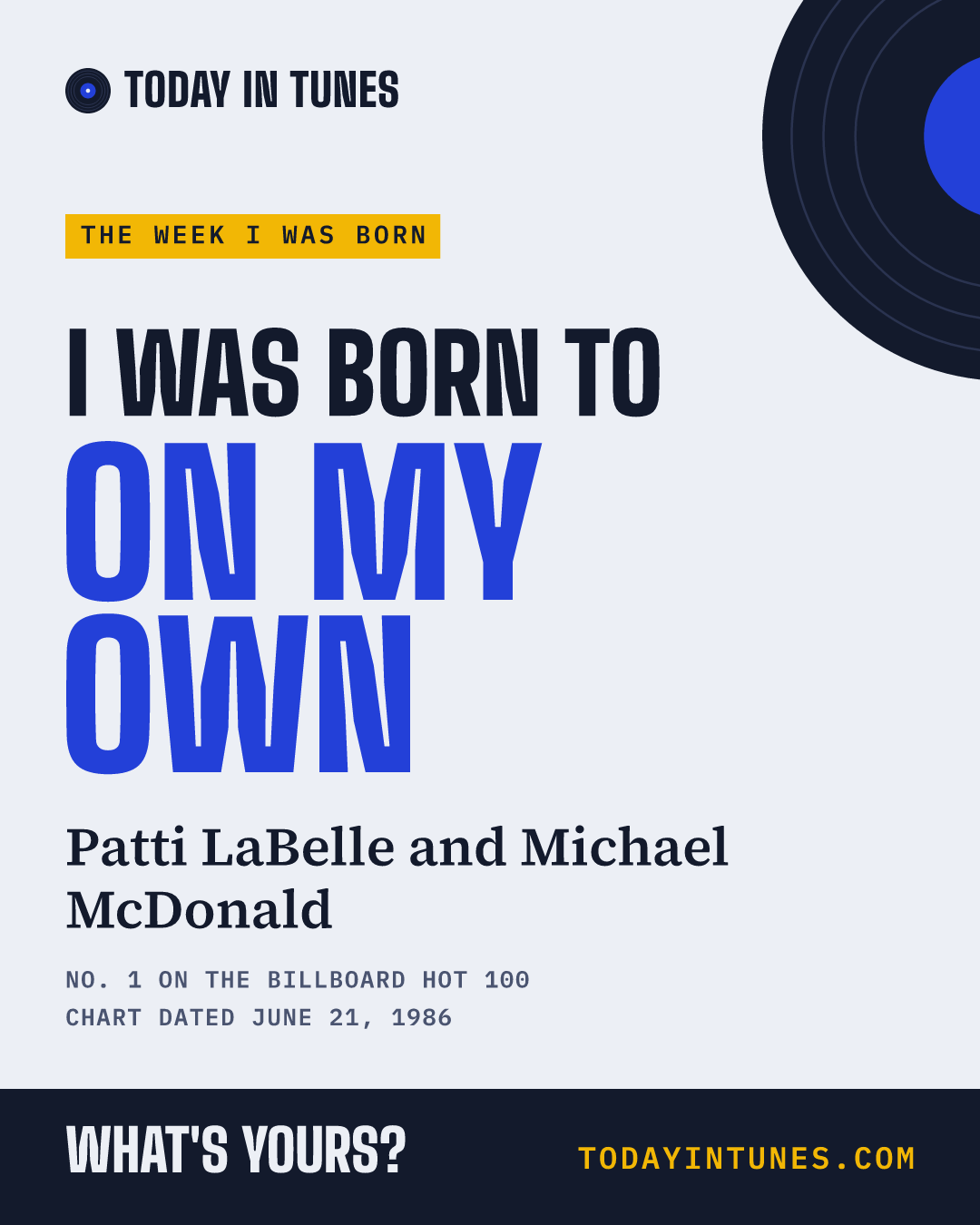I was born to On My Own, by Patti LaBelle and Michael McDonald