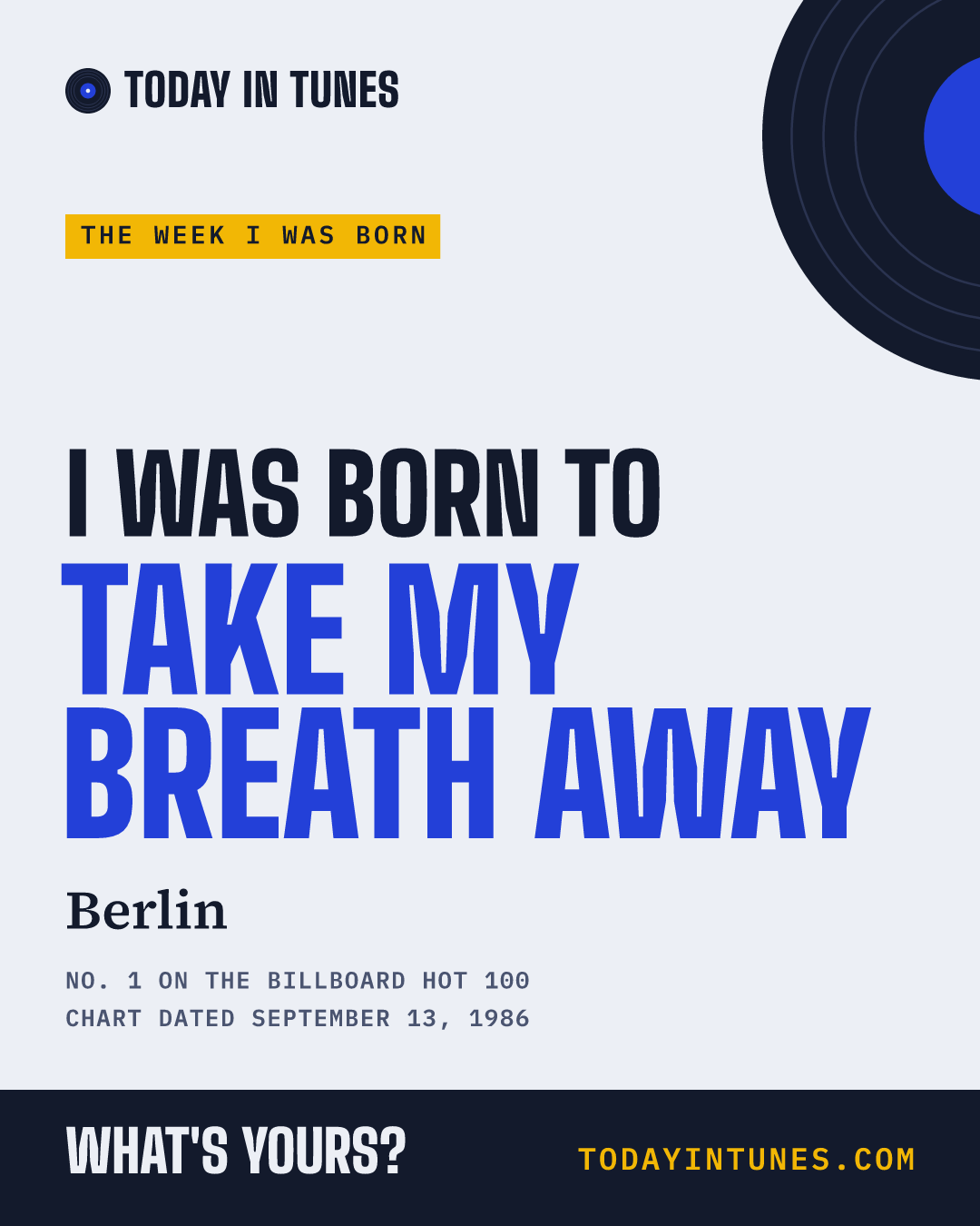 I was born to Take My Breath Away, by Berlin