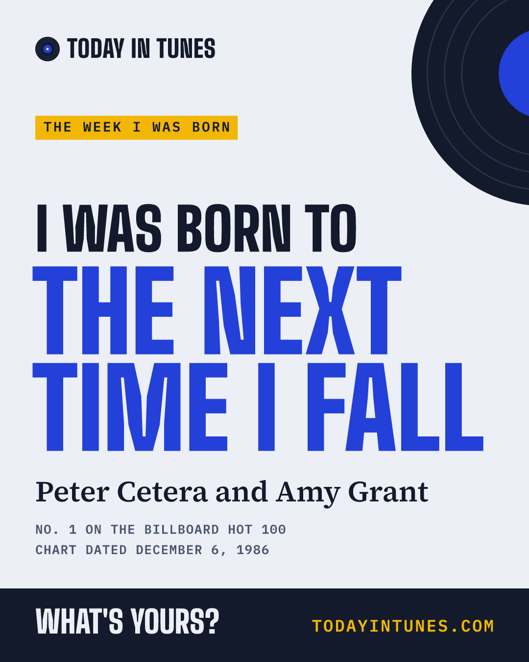 I was born to The Next Time I Fall, by Peter Cetera and Amy Grant