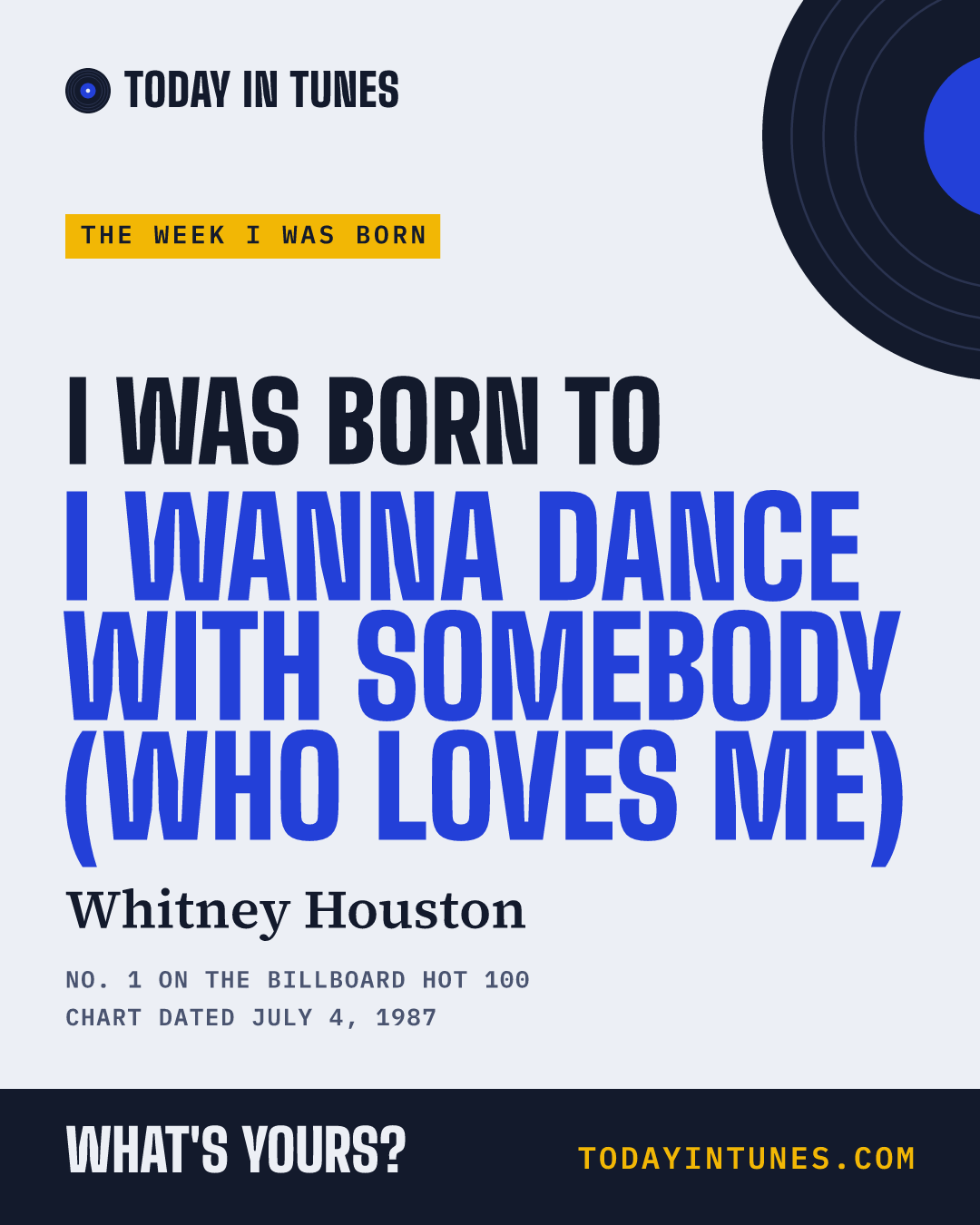 I was born to I Wanna Dance with Somebody (Who Loves Me), by Whitney Houston