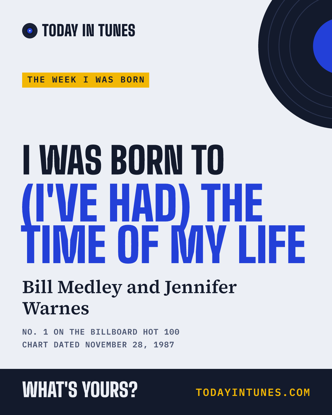 I was born to (I've Had) The Time of My Life, by Bill Medley and Jennifer Warnes