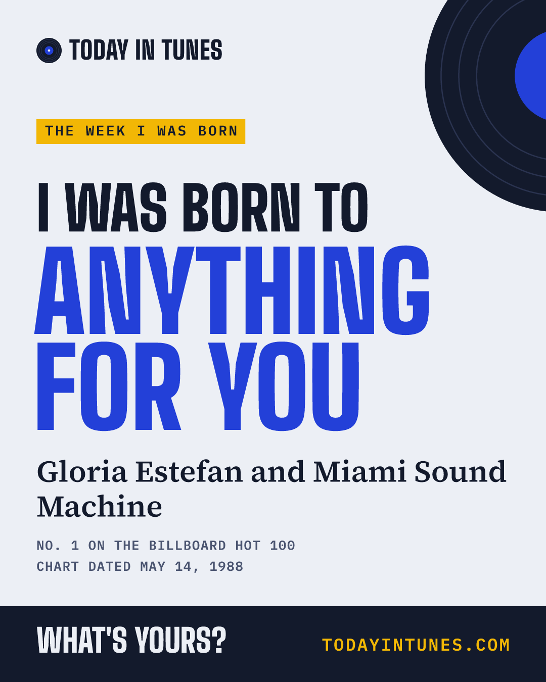 I was born to Anything for You, by Gloria Estefan and Miami Sound Machine