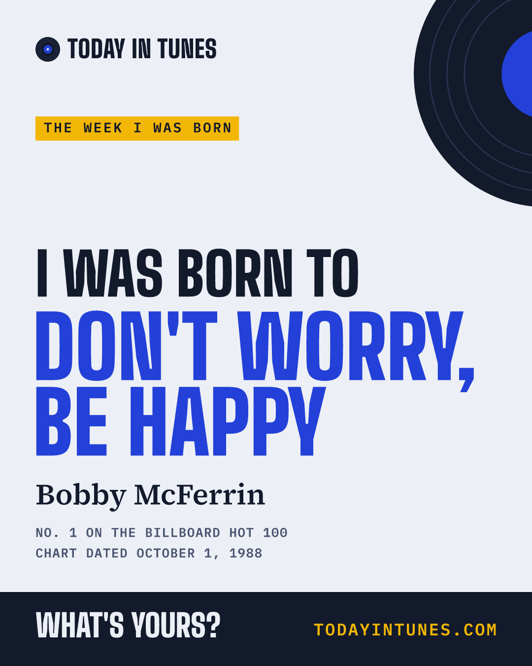 I was born to Don't Worry, Be Happy, by Bobby McFerrin