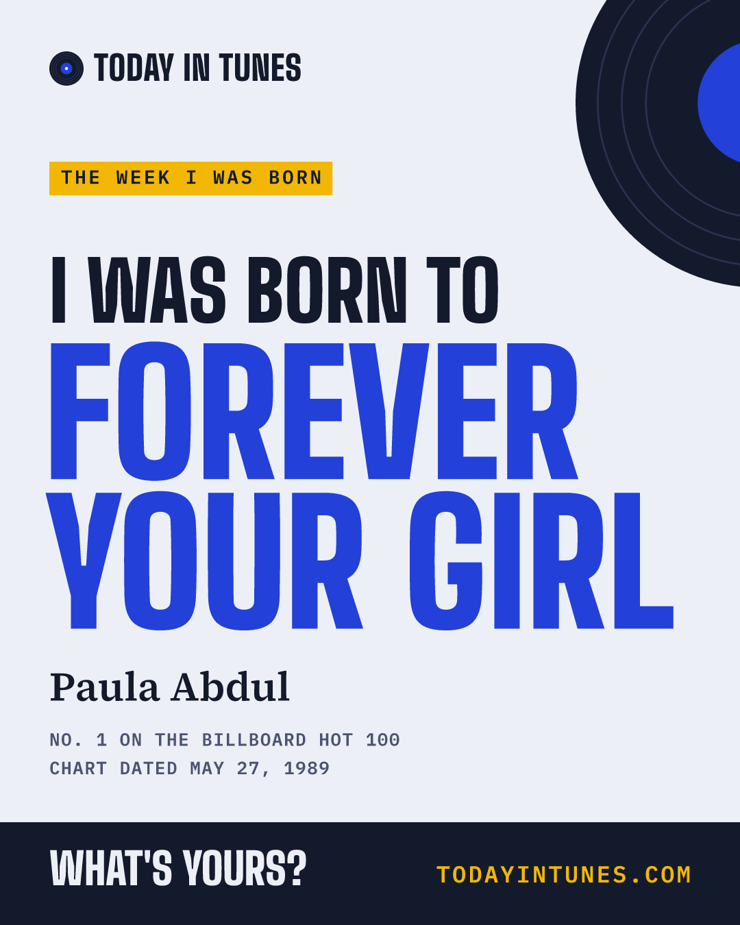 I was born to Forever Your Girl, by Paula Abdul