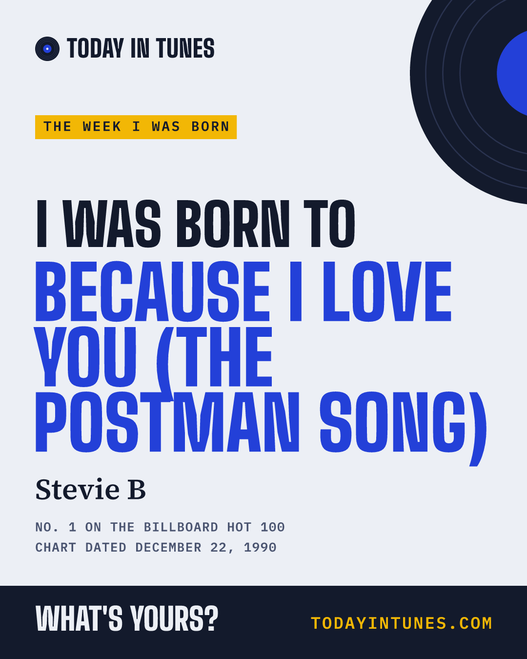 I was born to Because I Love You (The Postman Song), by Stevie B