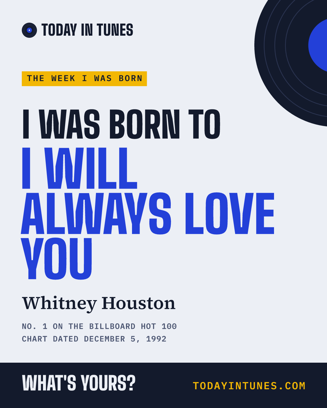 I was born to I Will Always Love You, by Whitney Houston