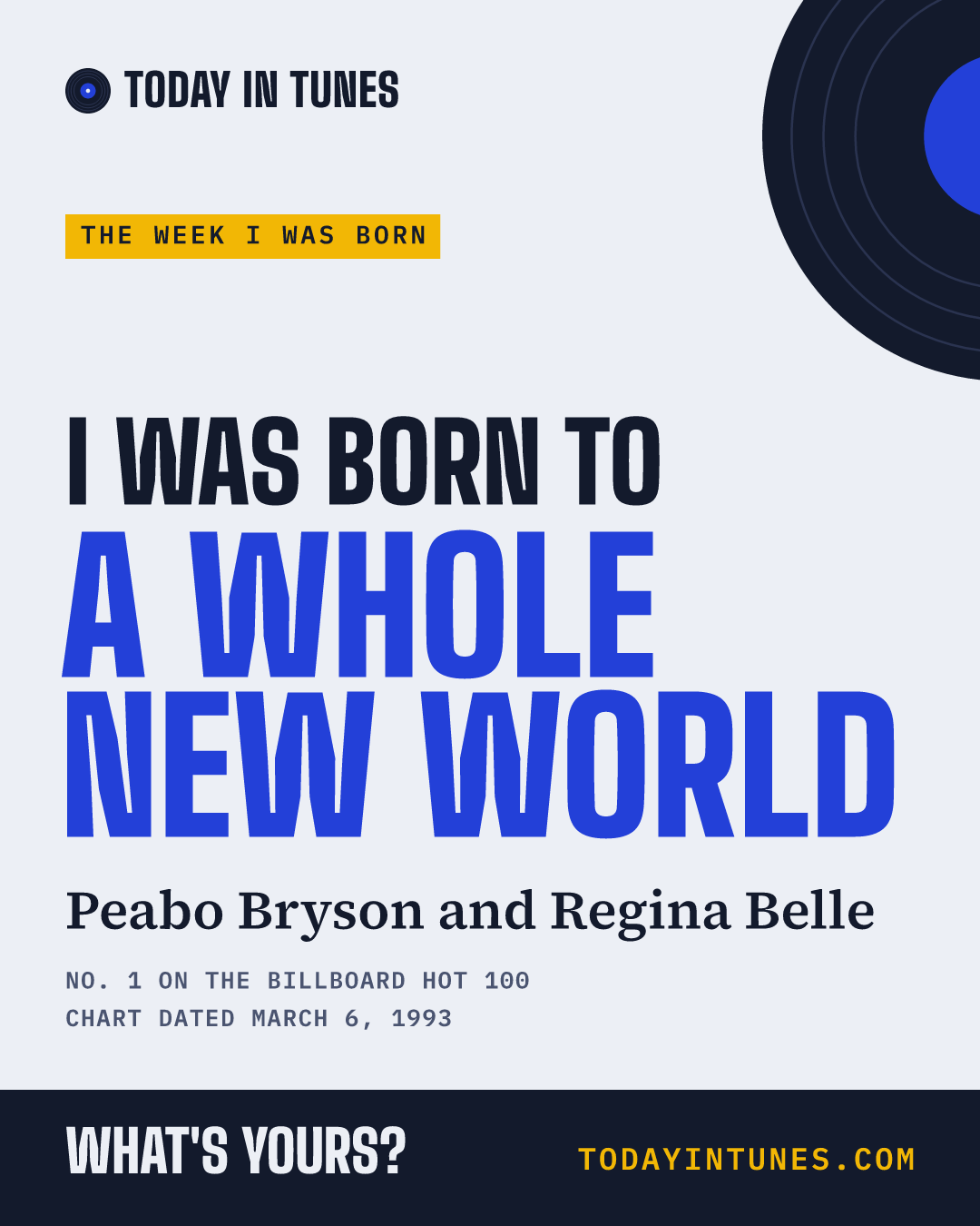 I was born to A Whole New World, by Peabo Bryson and Regina Belle