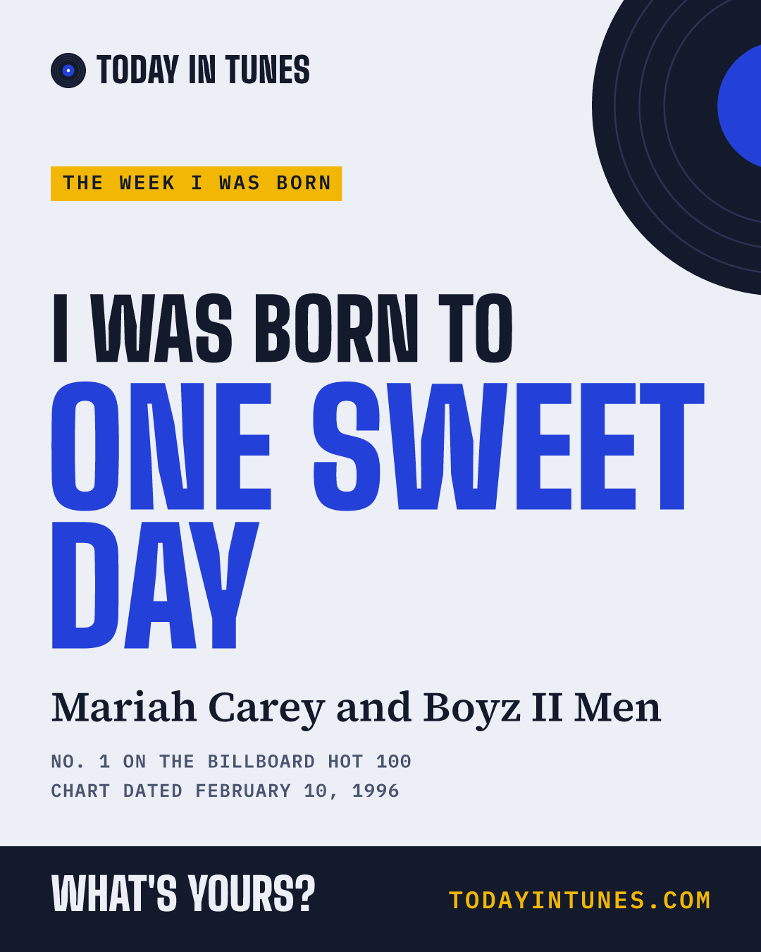 I was born to One Sweet Day, by Mariah Carey and Boyz II Men