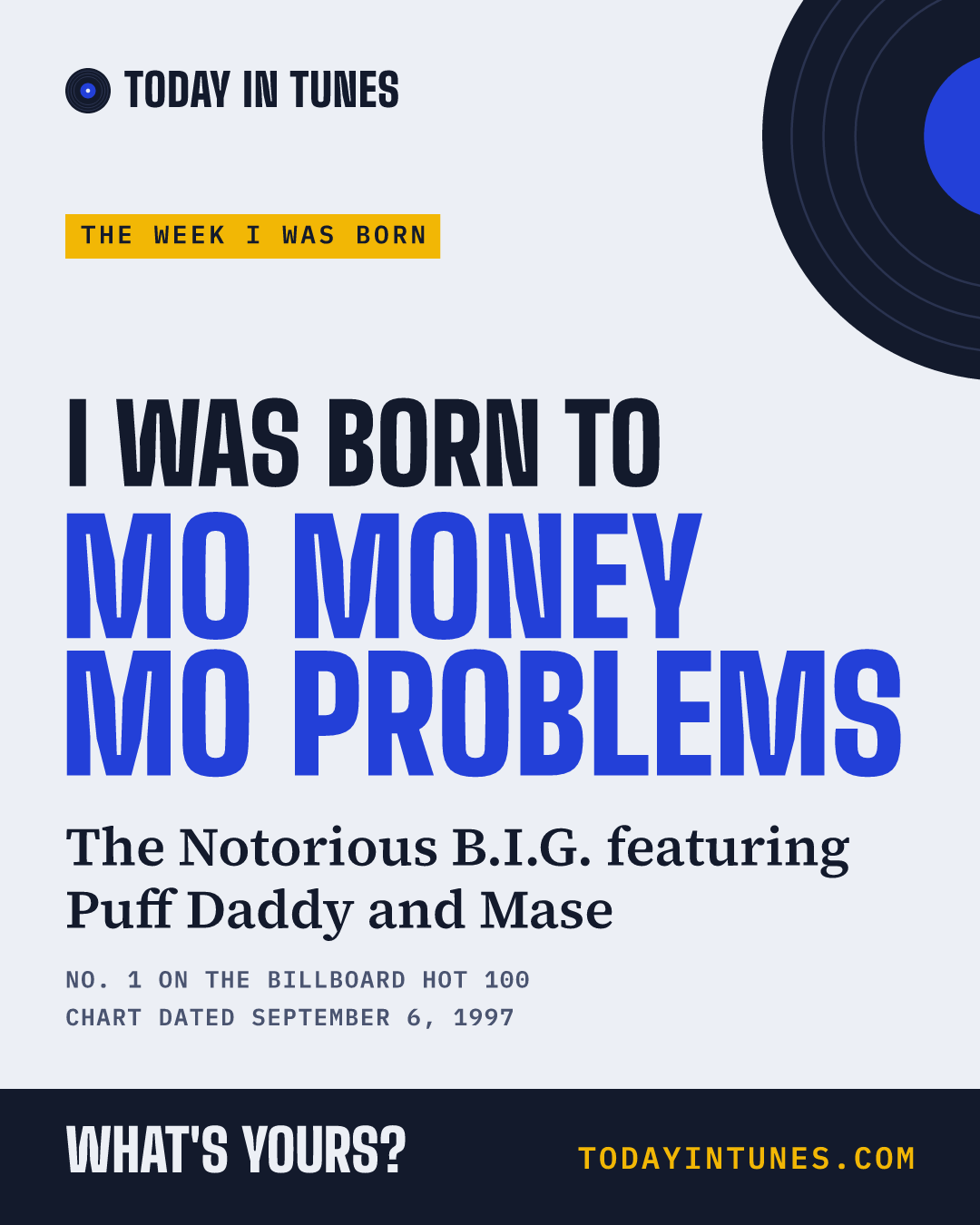 I was born to Mo Money Mo Problems, by The Notorious B.I.G. featuring Puff Daddy and Mase