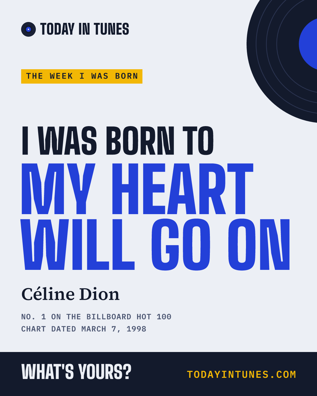 I was born to My Heart Will Go On, by Céline Dion