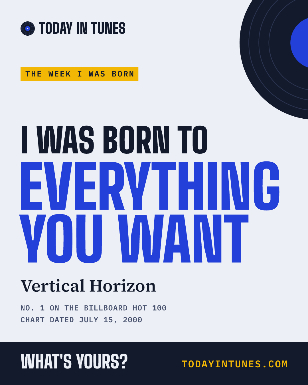 I was born to Everything You Want, by Vertical Horizon
