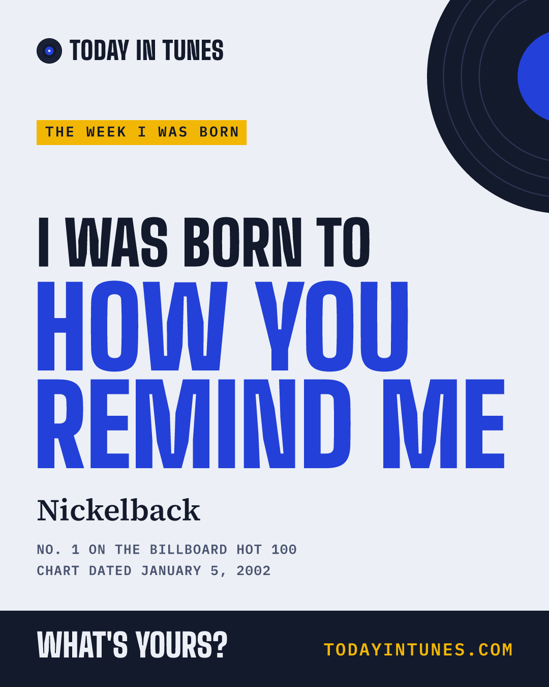 I was born to How You Remind Me, by Nickelback