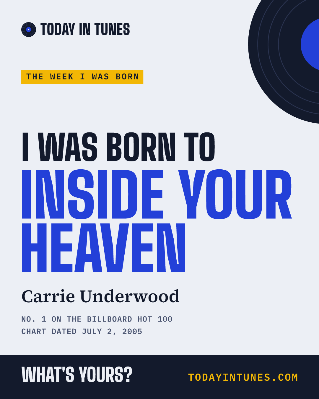 I was born to Inside Your Heaven, by Carrie Underwood