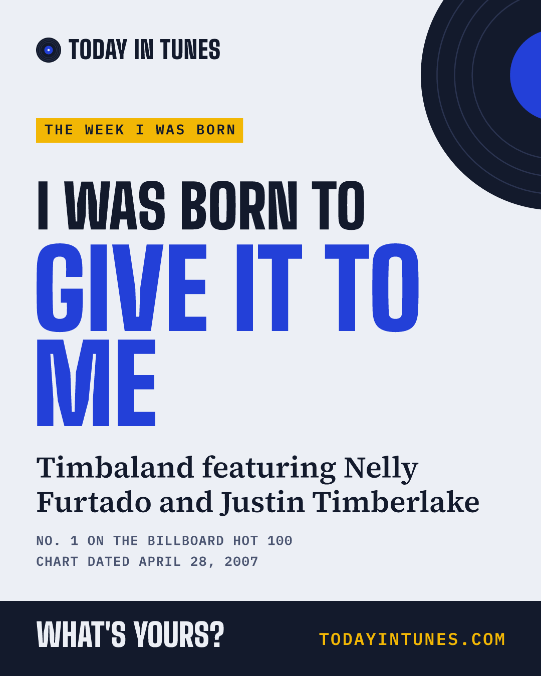 I was born to Give It to Me, by Timbaland featuring Nelly Furtado and Justin Timberlake