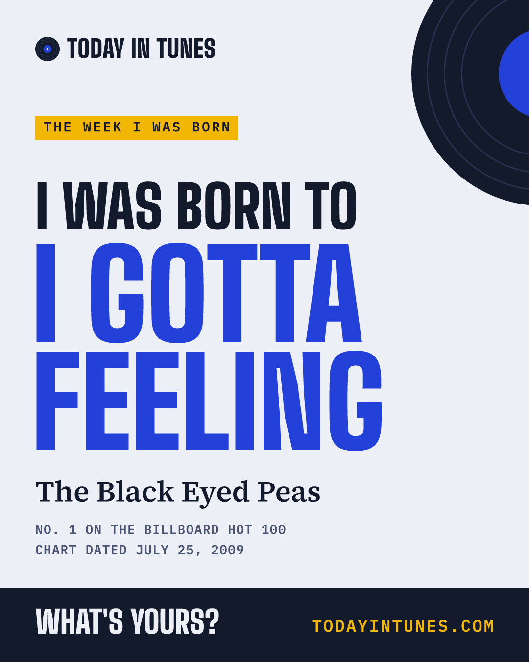 I was born to I Gotta Feeling, by The Black Eyed Peas