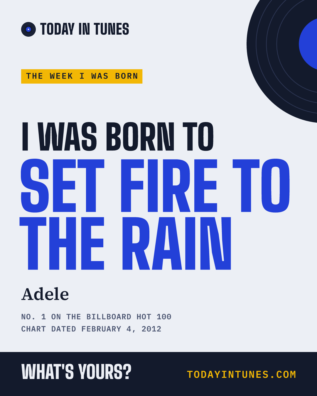 I was born to Set Fire to the Rain, by Adele