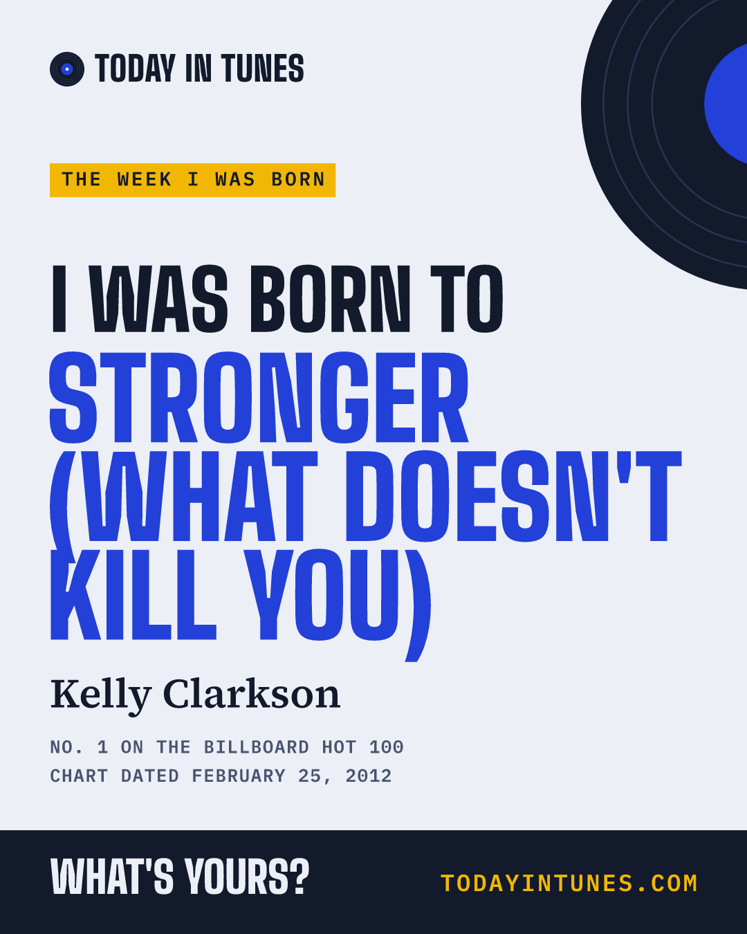 I was born to Stronger (What Doesn't Kill You), by Kelly Clarkson
